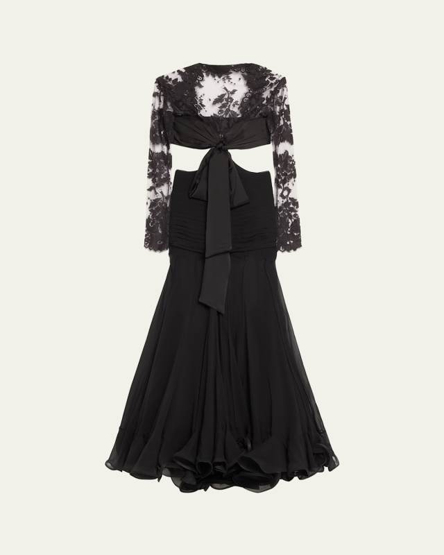 Bow Cutout Long-Sleeve Lace-Silk Flounce Gown