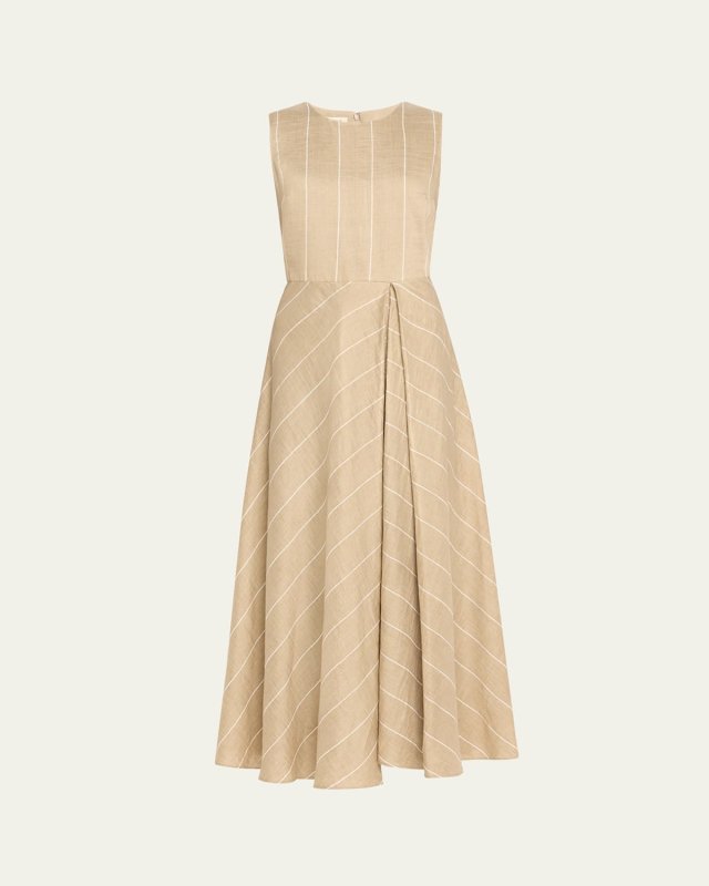 Pleated Striped A-Line Midi Dress