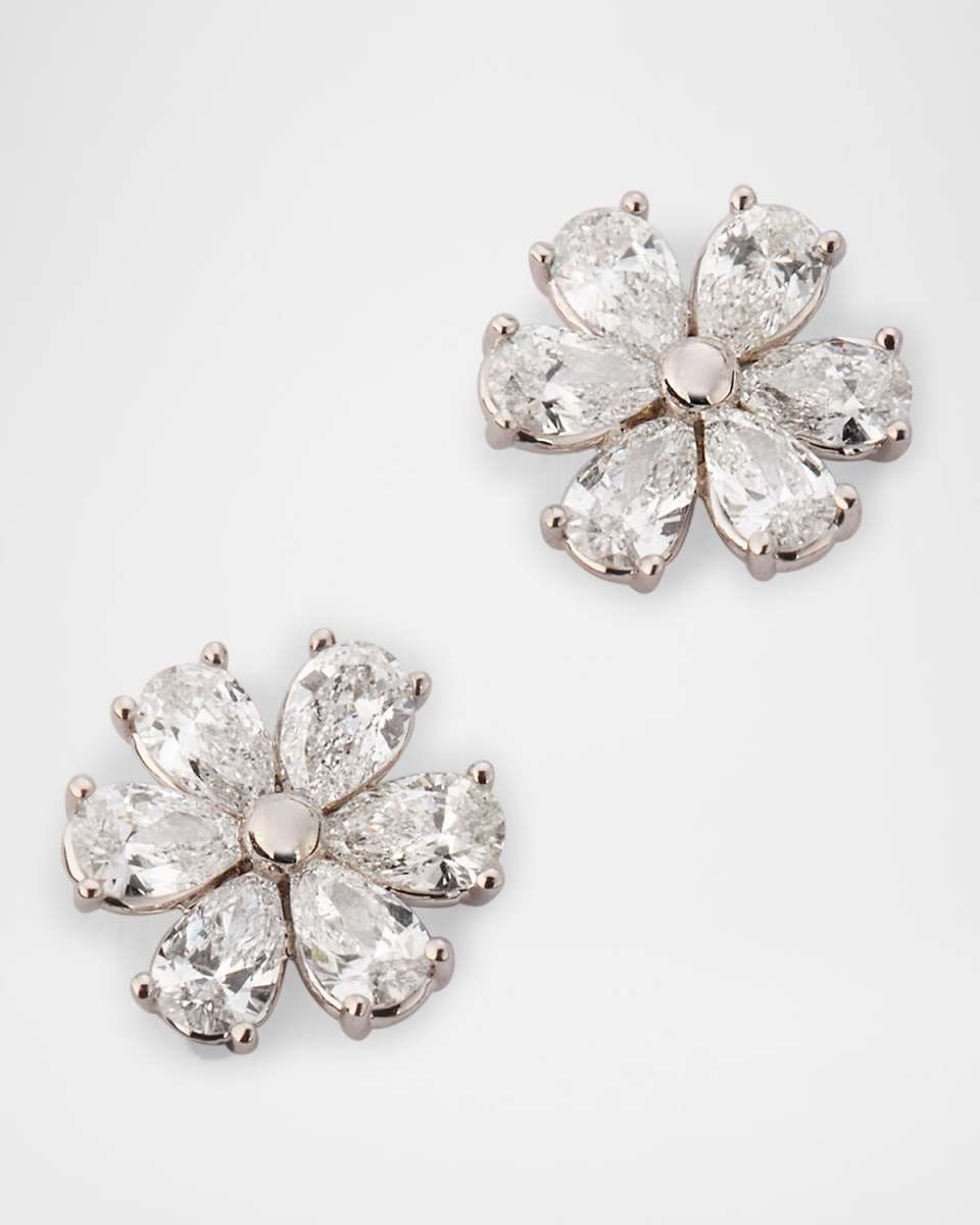 18K White Gold Pear Diamond Mini Flower Stud Earrings