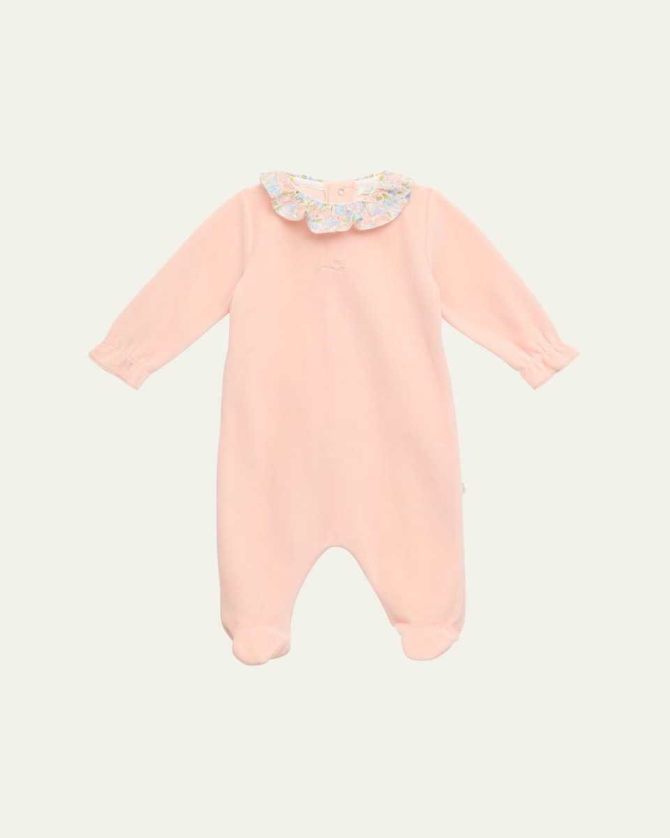 Girl's Olympia Ruffle-Trim Velour Coverall, Size Newborn-