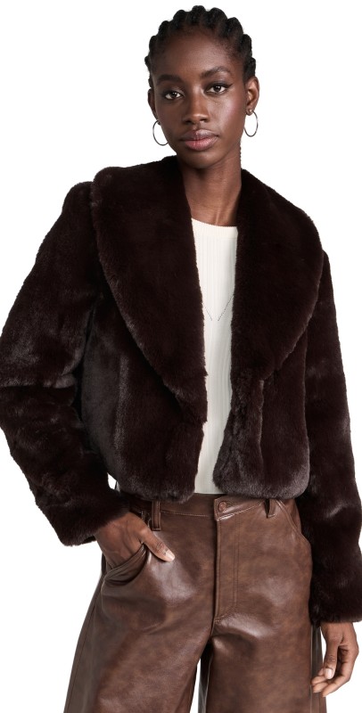 L'AGENCE Davy Crop Faux Fur Jacket Ganache