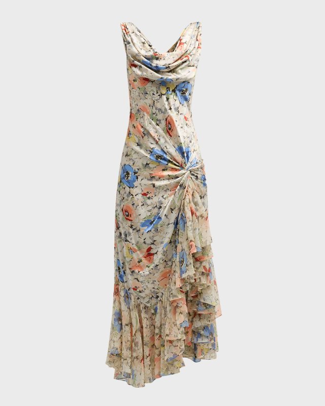 Ciara Floral Silk Sleeveless Ruffled Flounce Midi Dress