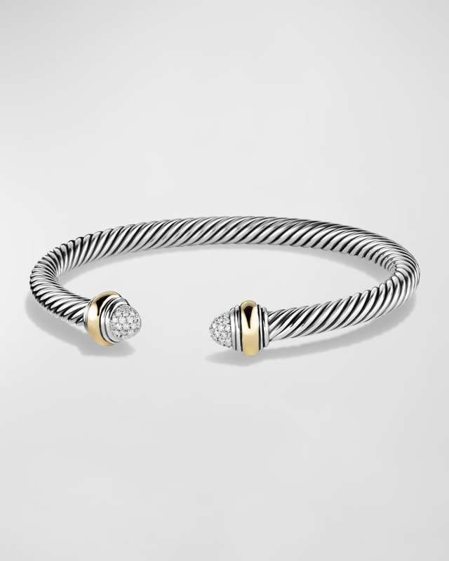 Cable Bracelet with Diamonds and 14K Gold in Silver, 5mm