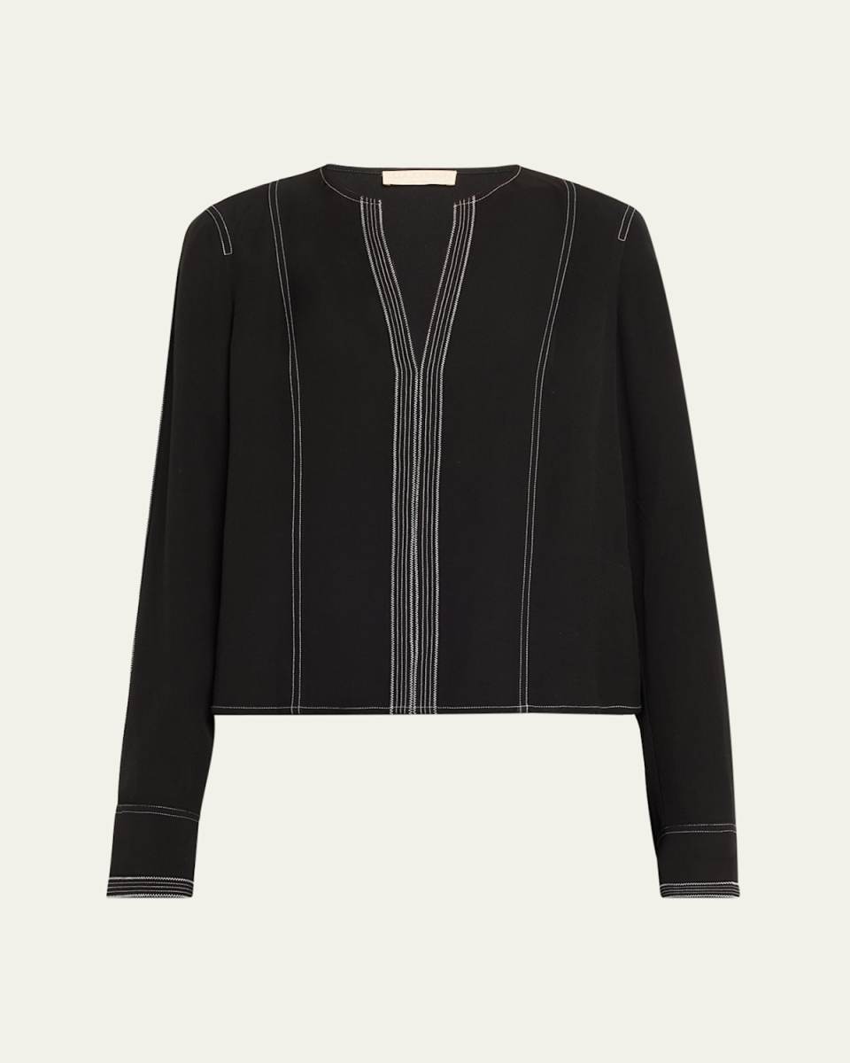 Safi Split-Neck Topstitched Blouse