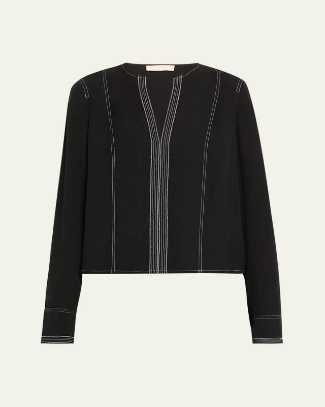 Safi Split-Neck Topstitched Blouse