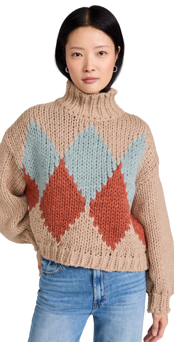 Little Lies Hand Knitted Pattern Sweater Taupe/Blue/Rust