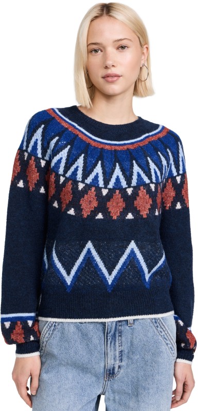 SUNDRY Fair Isle Crew Neck Sweater Deep Navy