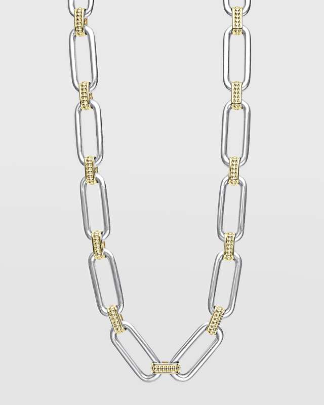Sterling Silver and 18K Signature Caviar Adjustable Toggle Closure Smooth Oval Link Necklace, 18"L