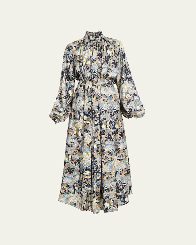 Cedric Printed High-Neck Belted Silk Dress