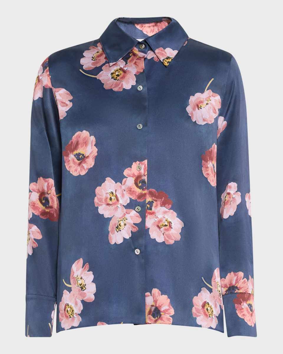 Painted Poppy Long-Sleeve Silk Blous