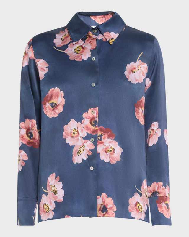 Painted Poppy Long-Sleeve Silk Blous