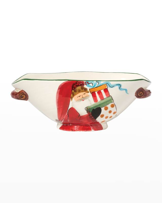 Old St. Nick Handled White Oval Bowl with Presents