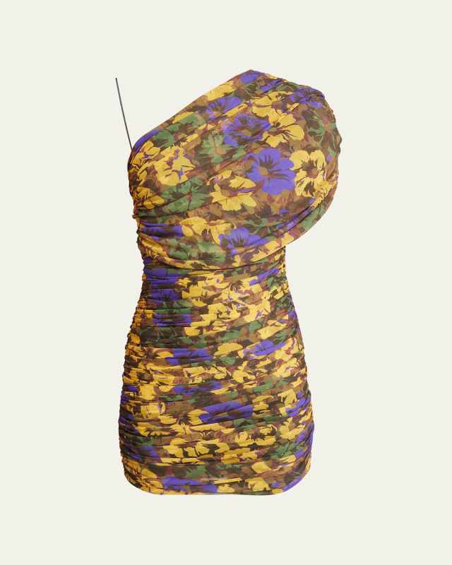 One-Shoulder Ruched Floral-Print Mini Dress