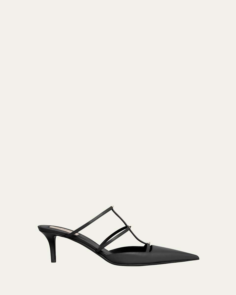 Rockstud T-Strap Leather Mule Pumps