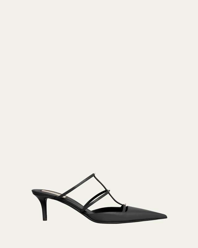 Rockstud T-Strap Leather Mule Pumps