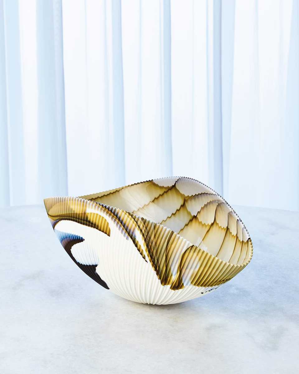 Medium Pleated Bowl, Amber/Blue Filigree