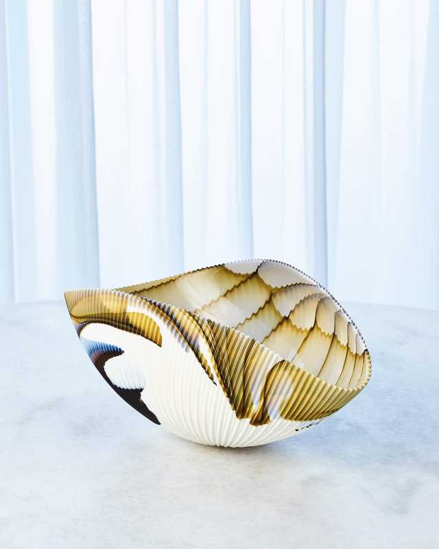 Medium Pleated Bowl, Amber/Blue Filigree