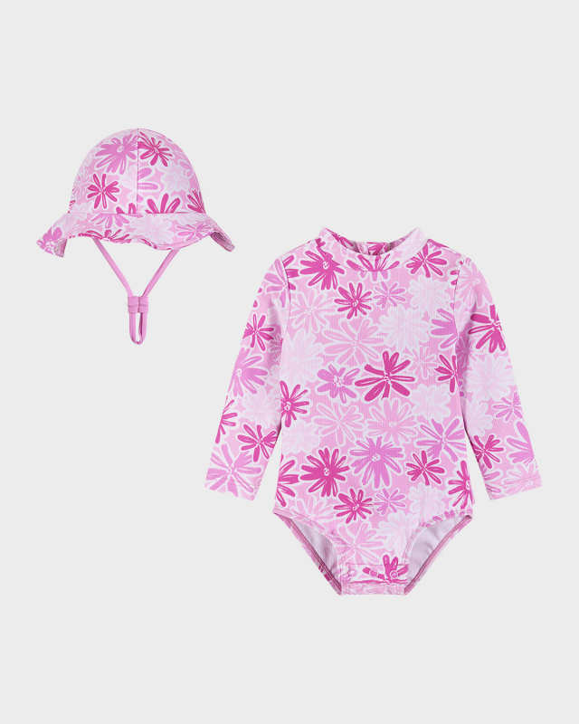 Girl's Floral-Print 2-Piece Rashguard Set, Size Newborn-24