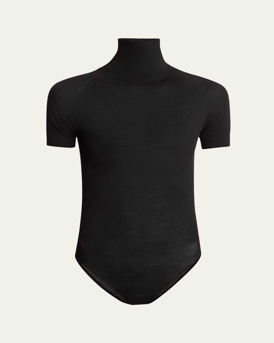 Mock-Neck Short-Sleeve Wool Bodysuit