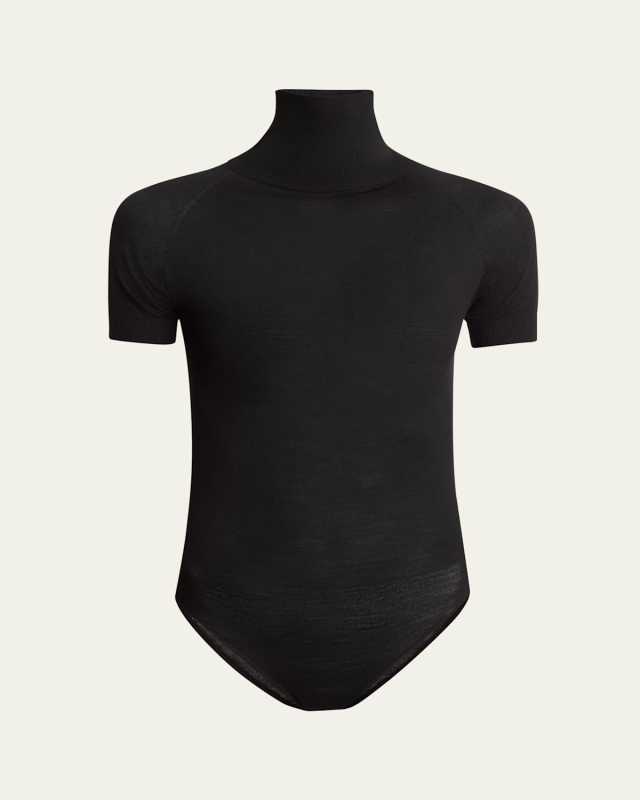 Mock-Neck Short-Sleeve Wool Bodysuit
