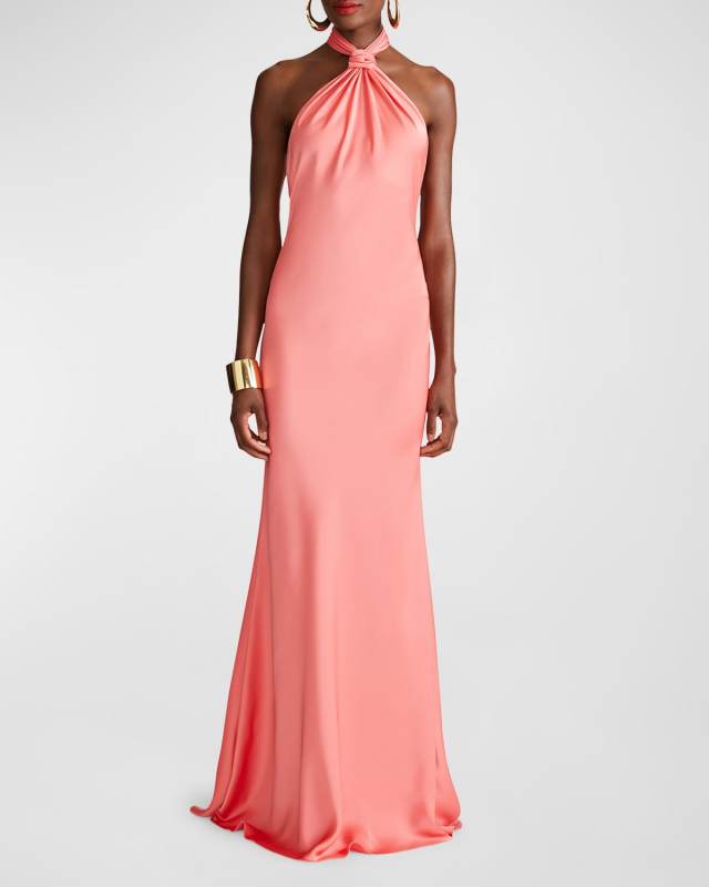 Emi Twist-Front Satin Halter Gown