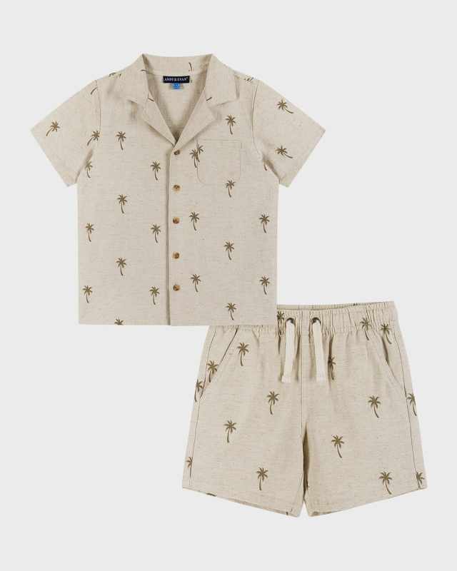Boy's Palm Tree-Print Two-Piece Linen Set, Size 2T-