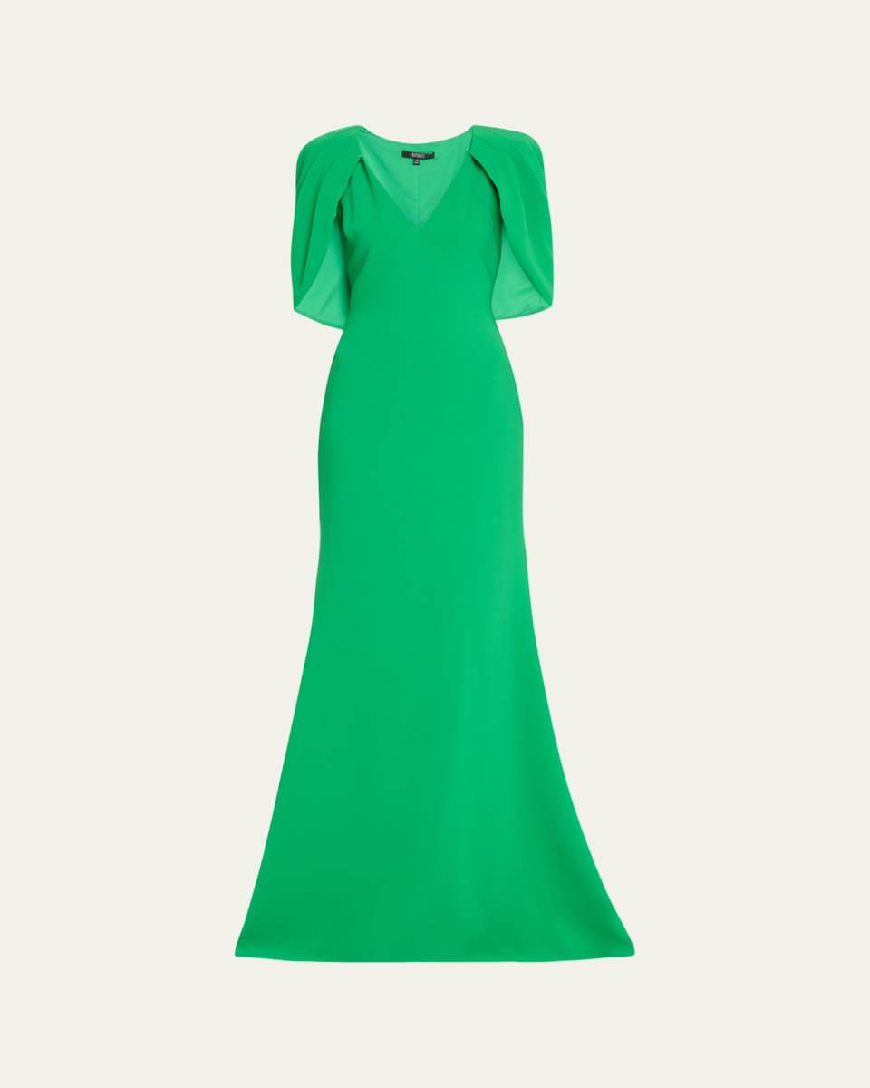 Cape-Sleeve Crepe Trumpet Gown
