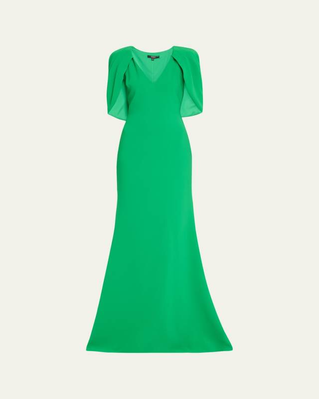 Cape-Sleeve Crepe Trumpet Gown