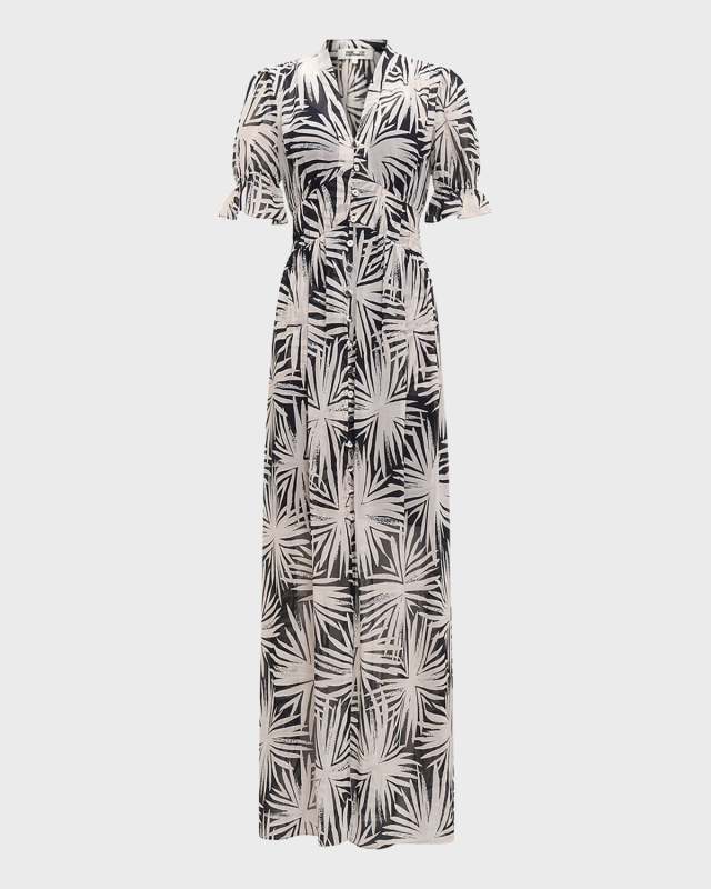 Erica Botanical-Print Puff-Sleeve Maxi Dress