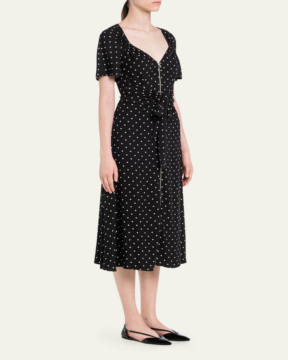 Polka-Dot Ruched Sweetheart Midi Dress