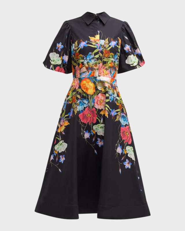 Puff-Sleeve Floral-Print Midi Shirtdress
