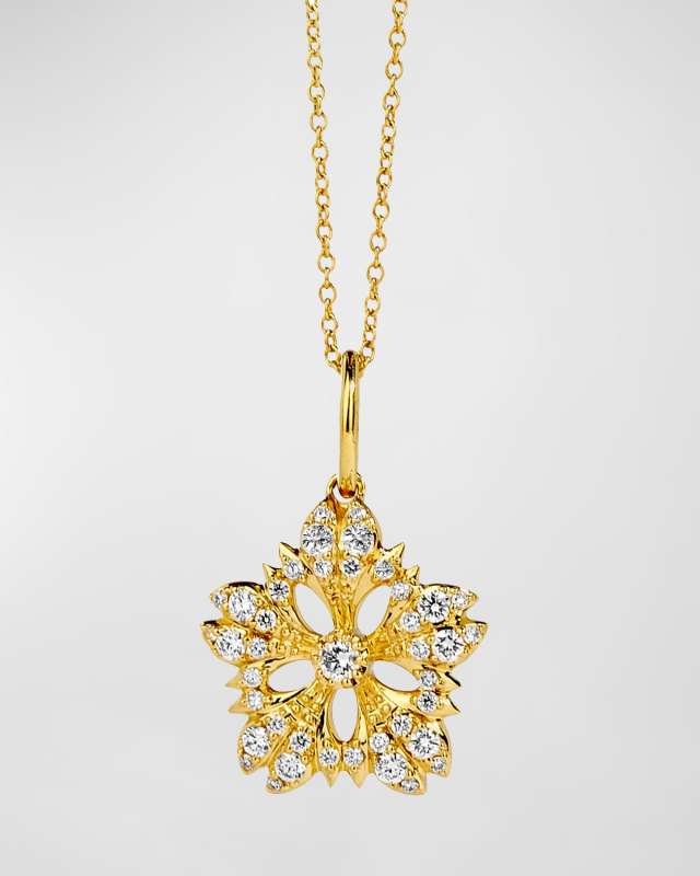 18K Yellow Gold Diamond Flower Pendant Necklace