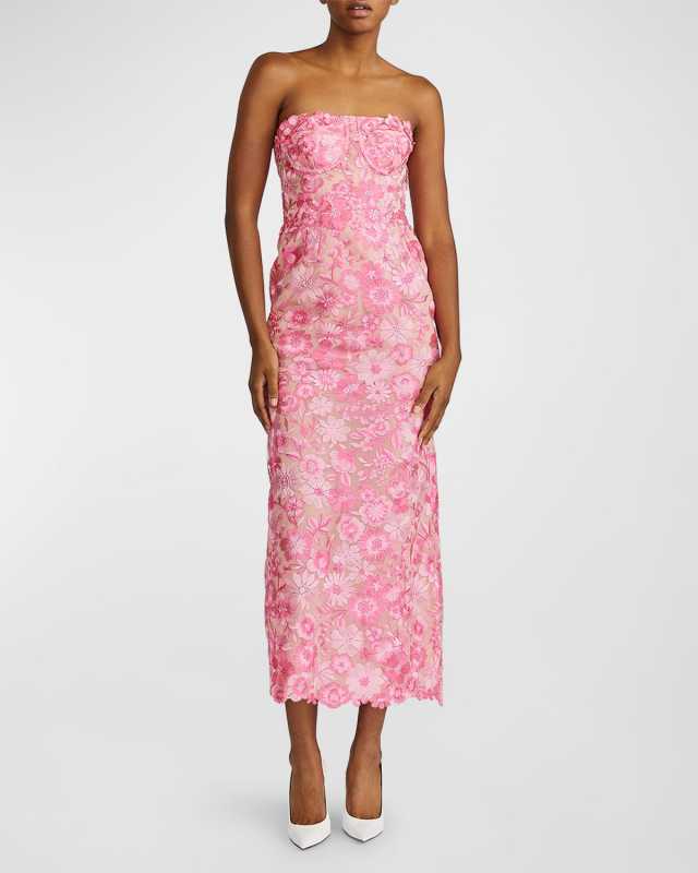 Strapless Floral Embroidered Midi Dress