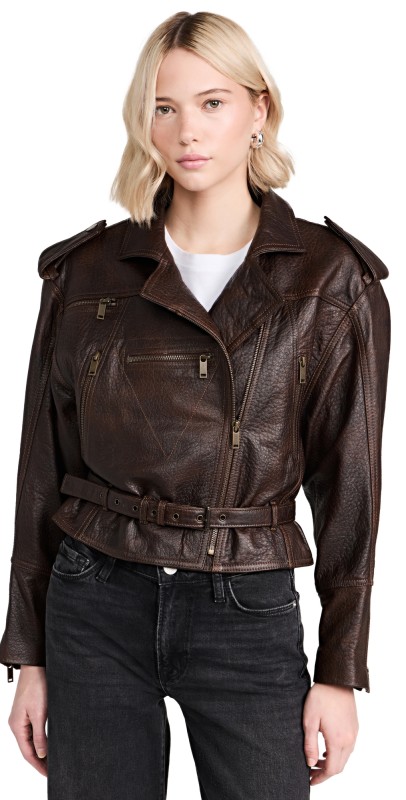 FRAME Strong Shoulder Leather Moto Jacket Chestnut