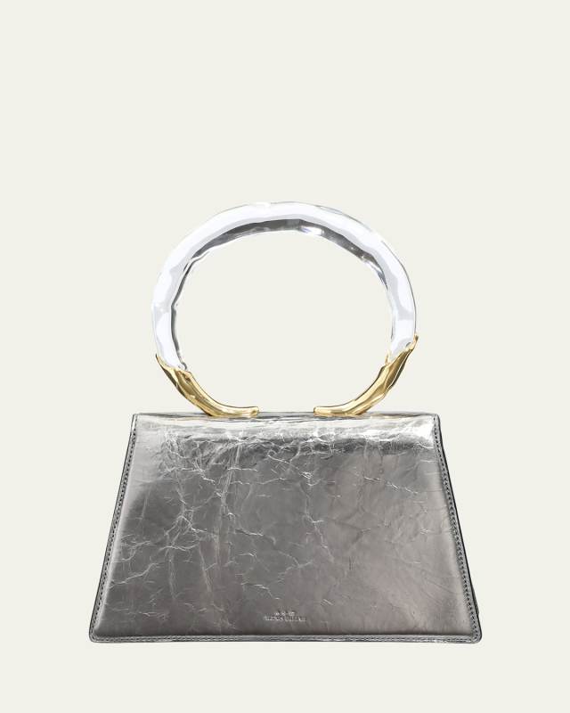Quad Cracked Metallic Ring Top-Handle Bag