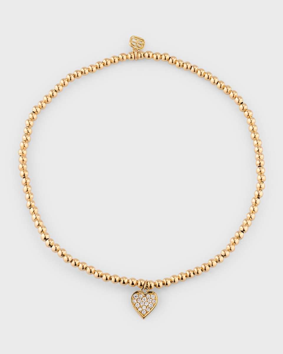 2mm Gold Bead Bracelet with Diamond Pave Heart