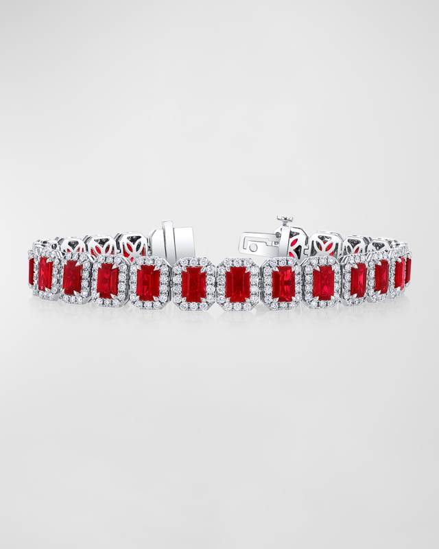 18K White Gold Ruby Center with Diamond Halo Tennis Bracelet, 7"