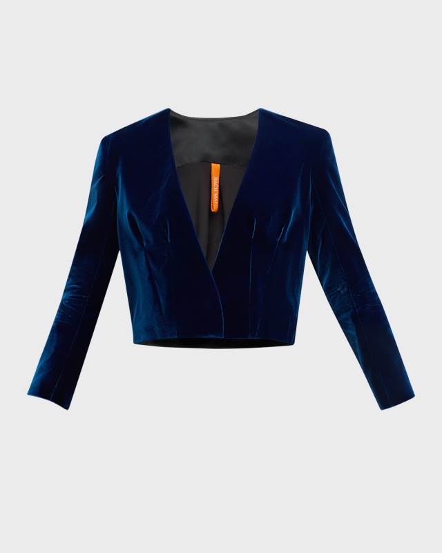 Collarless Sculpted Velvet Crop Jacket