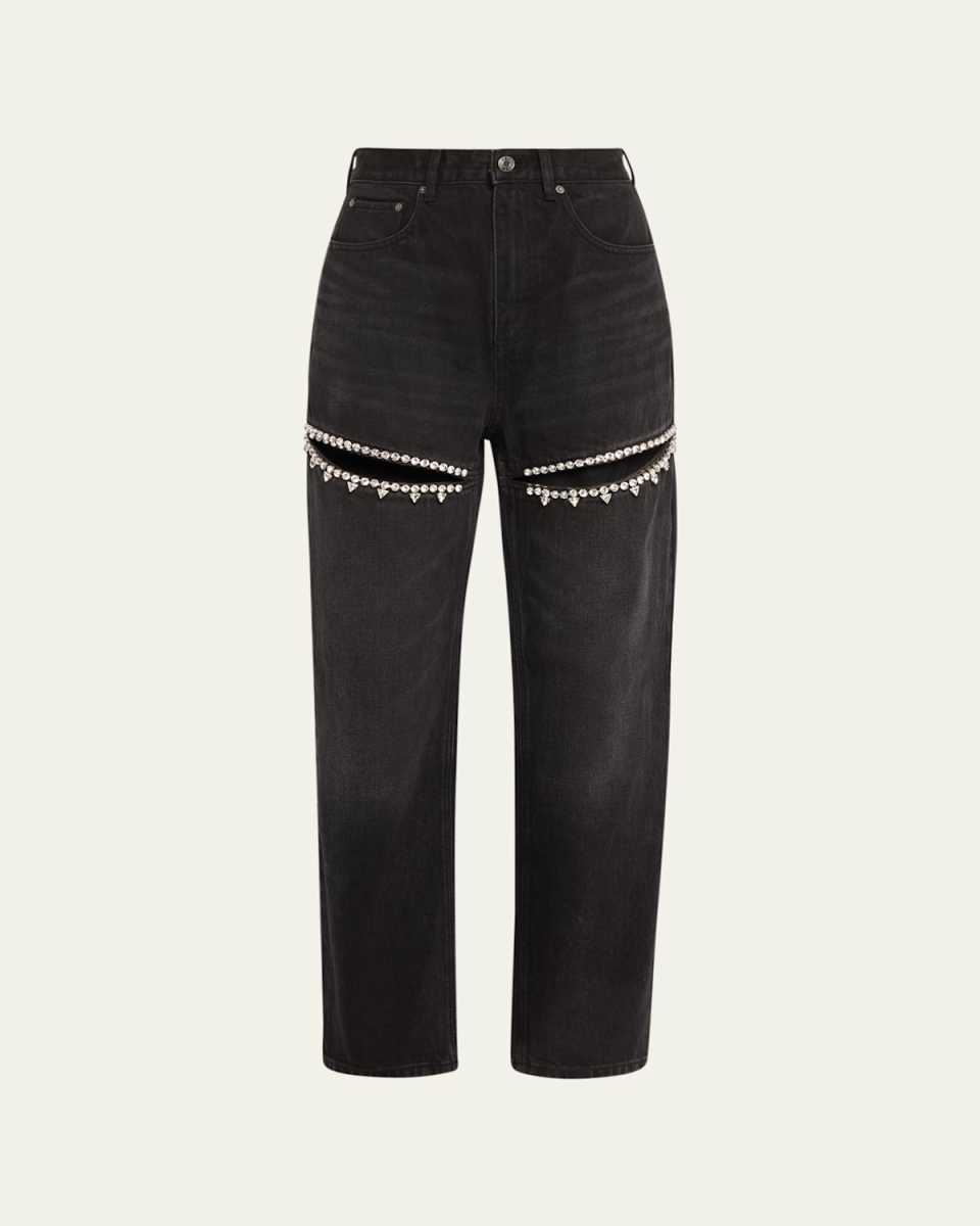 Crystal Cutout Slit Straight Leg Jeans