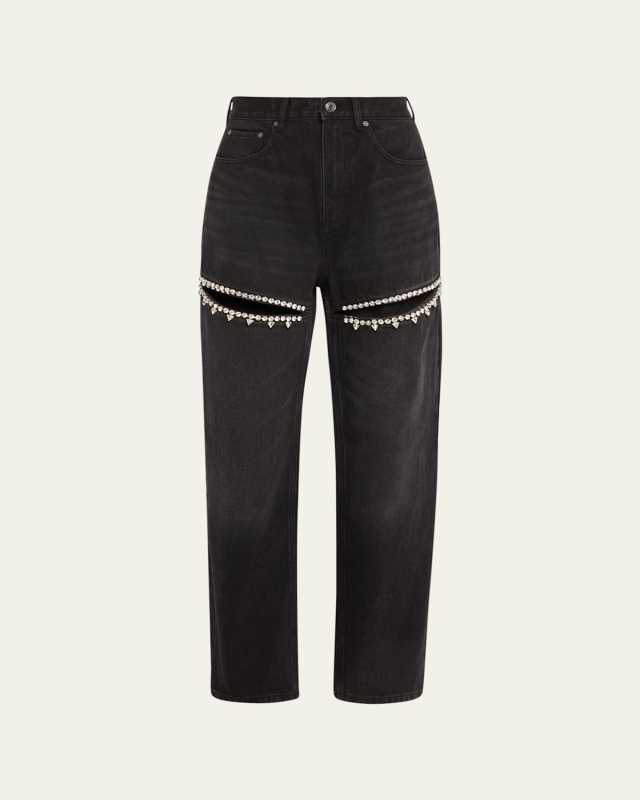 Crystal Cutout Slit Straight Leg Jeans