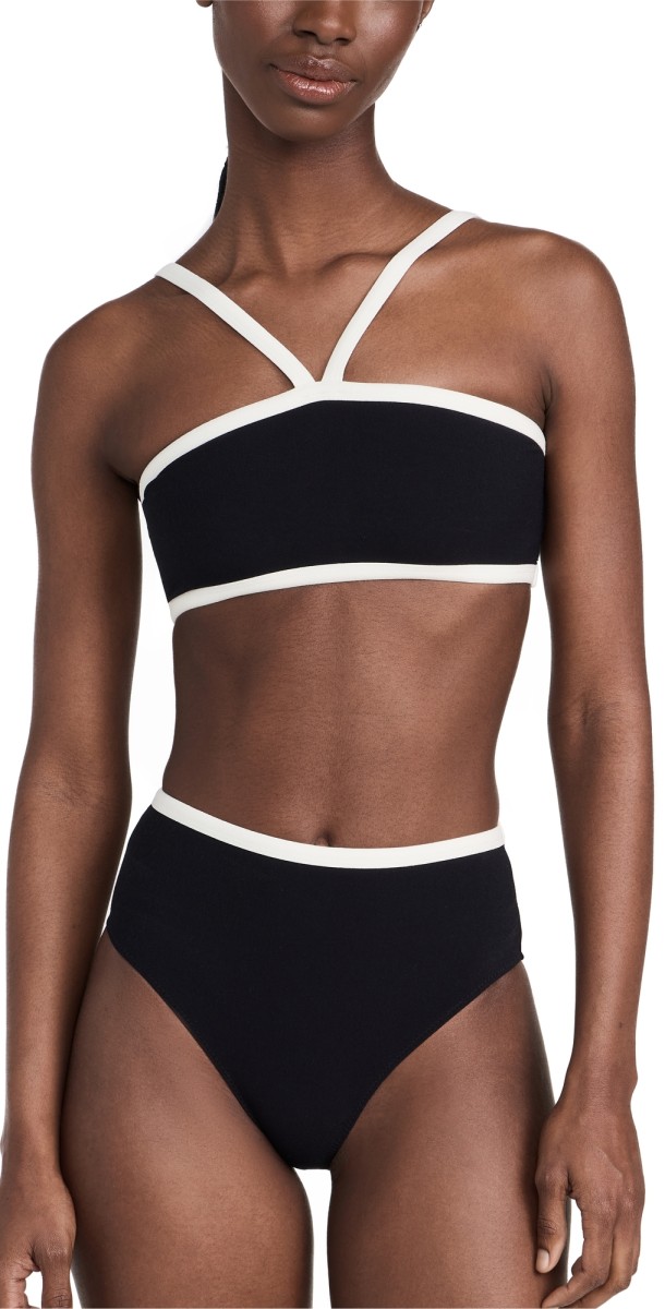 Lisa Marie Fernandez Bandeau High Waist Bikini Set with Piping Black Crepe W/Cream Piping