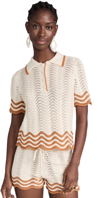 Zimmermann Junie Textured Knit Polo Tan/Cream
