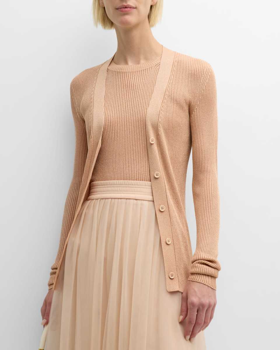 Ribbed Metallic Button-Down Cardigan