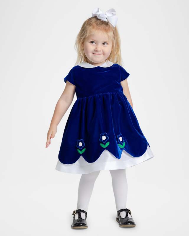 Girl's Velvet Dress W/ Floral Appliques, Size 6M-24