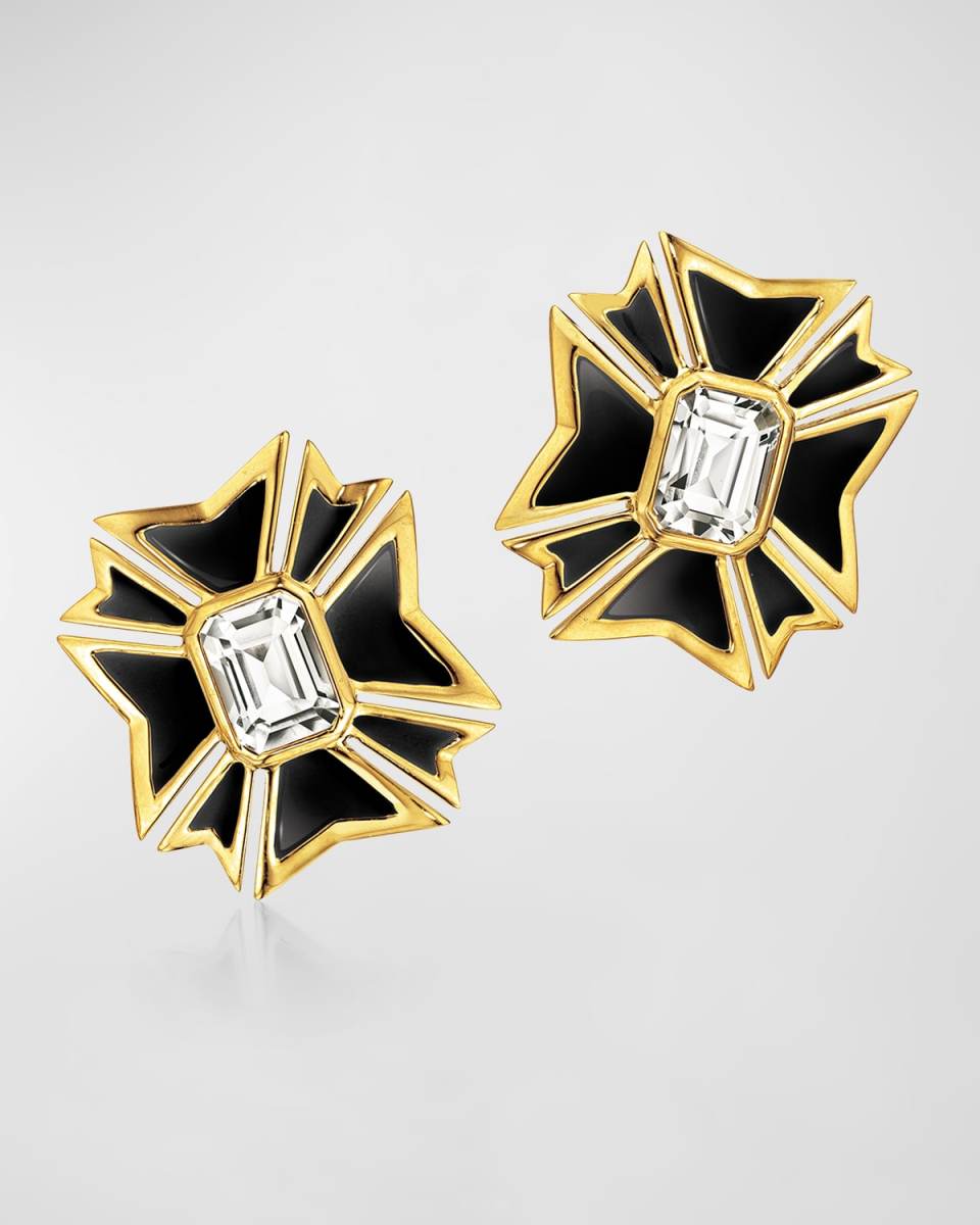Maltese 18K White Gold, Enamel, and White Topaz Clip-On Earrings
