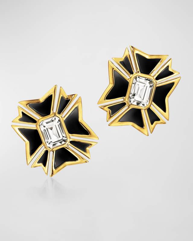 Maltese 18K White Gold, Enamel, and White Topaz Clip-On Earrings