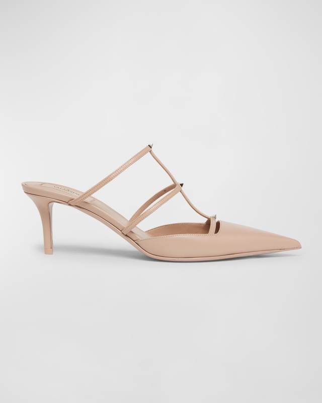 Rockstud T-Strap Leather Mule Pumps