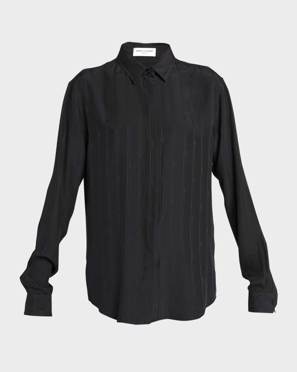 Silk Button-Front Shirt with Logo Stripes