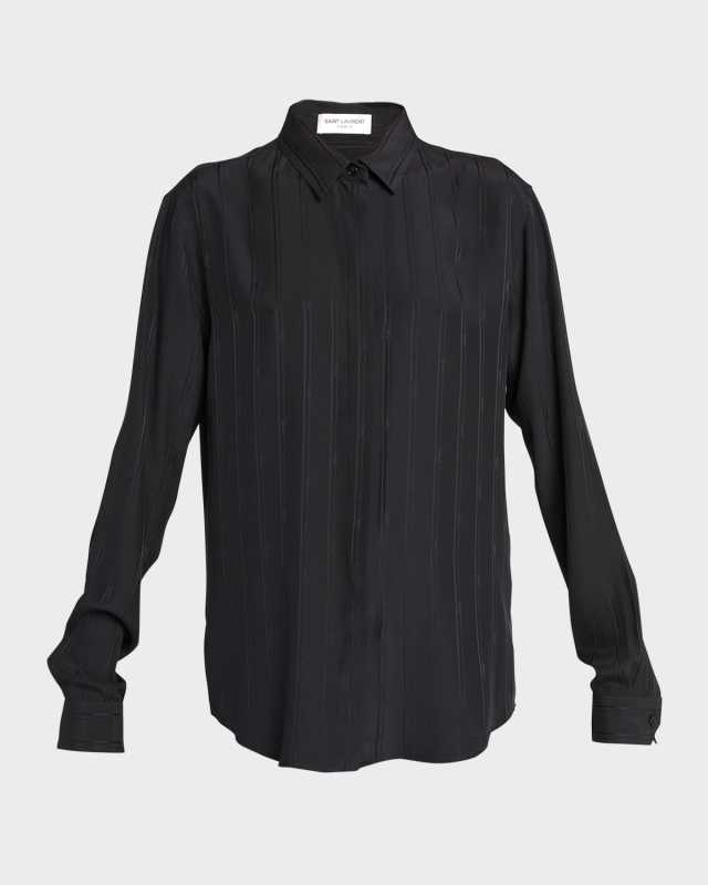 Silk Button-Front Shirt with Logo Stripes