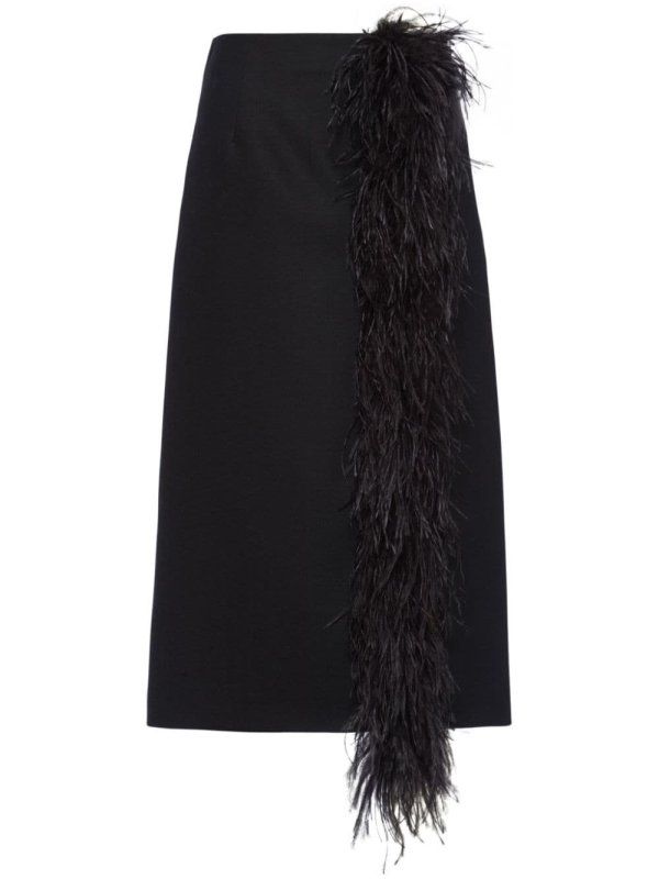 feather-trimmed wool midi skirt